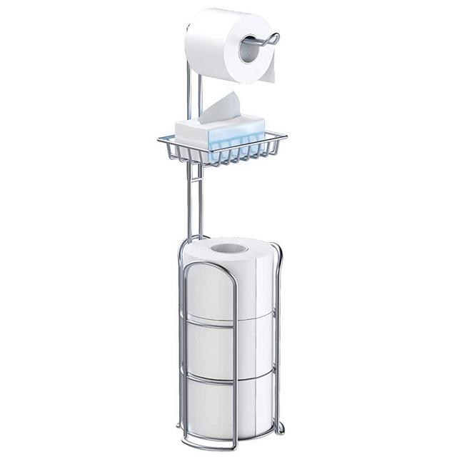 Upgrade Toilet Paper Holder Stand, Chrome Freestanding Toilet Paper Roll Holders with Shelf, Bathroom Tissue Storage Rack