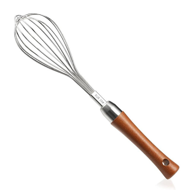 Stainless Steel Wire Whisk - Wooden Handle Kitchen Whisk - Balloon Whisk Egg Beater for Stirring Whisking Blending Mixing Egg Gravy Cake Batter Flour or Sauces.