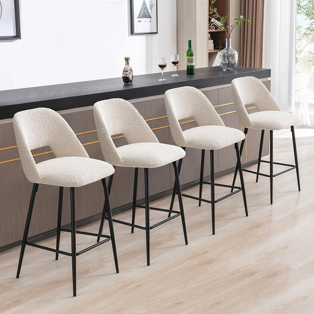JIRAIN 27’’ Boucle Bar Stools Set of 4, Boucle Upholstered Counter Height Stools with Open Back, Modern Barstools for Kitchen Island, Home Pub, Beige
