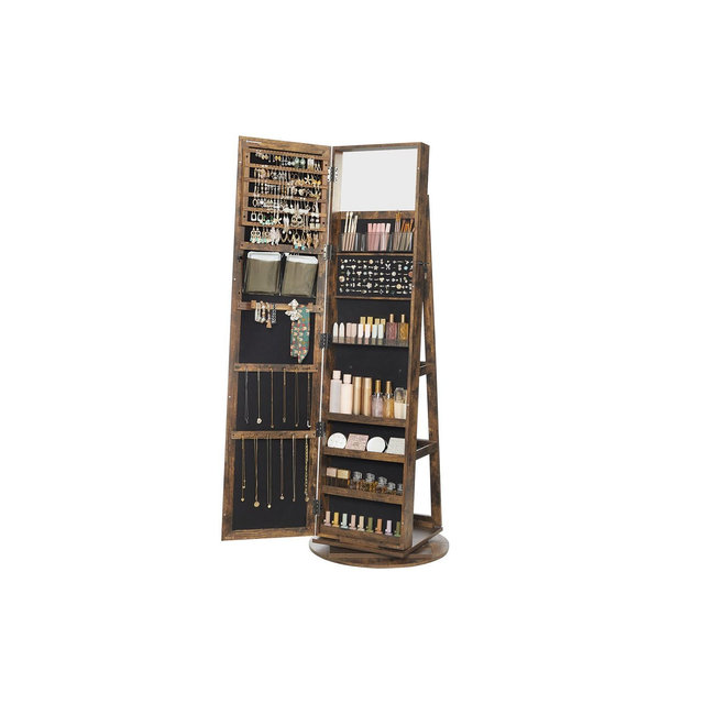 SONGMICS Mirror Jewelry Cabinet Organizer 360¡ã Rotating Jewelry Armoire Storage Box w/ Full Length Mirror for Female Rustic Brown
