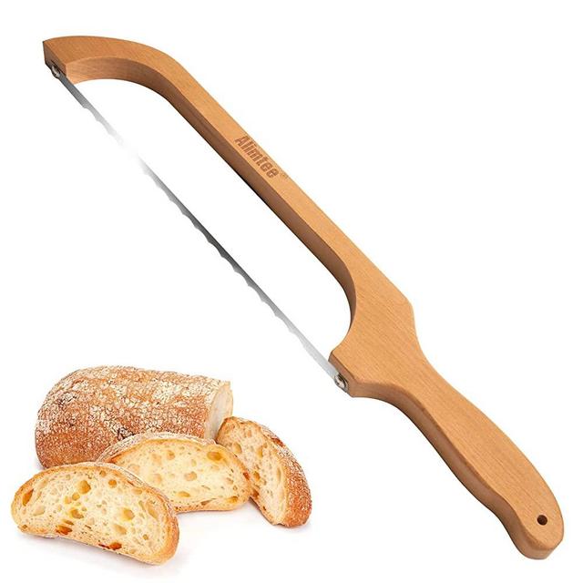 Alimtee Bread Knife, 16" Wooden Serrated Bagel Knife, Fiddle Bow Design Easy to Cutting, Sourdough Cutter for Homemade Bagels, Bread, Baguettes and More - Premium Stainless Steel
