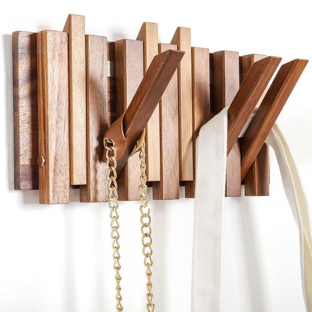 KYIAANY Coat Rack Wall for Farmhouse: Wood Rustic 6 Hooks Mount 10.4inch Retractable Wall Mounted for Small Spaces Entryway Hallway Bathroom for Hanging Jacket Towel Backpack Bag