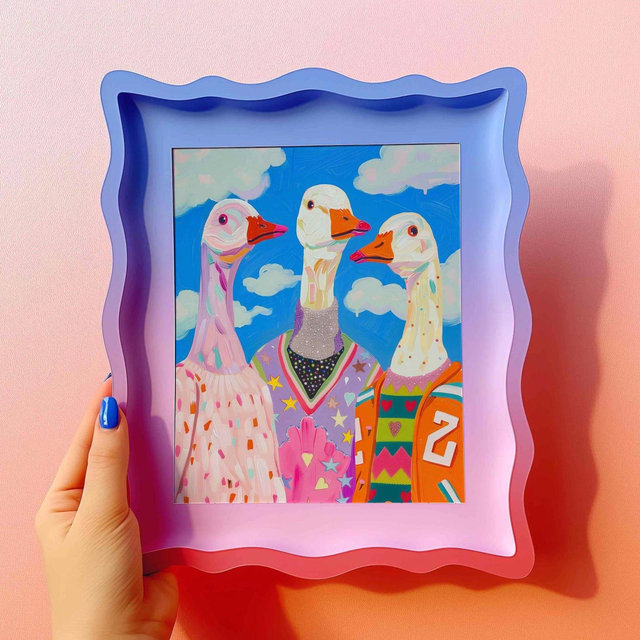 Colorful Goose Squad Art Print – Funky Animal Pop Art Poster, Maximalist Bird Wall Decor, Stylish Geese in Sweaters Illustration