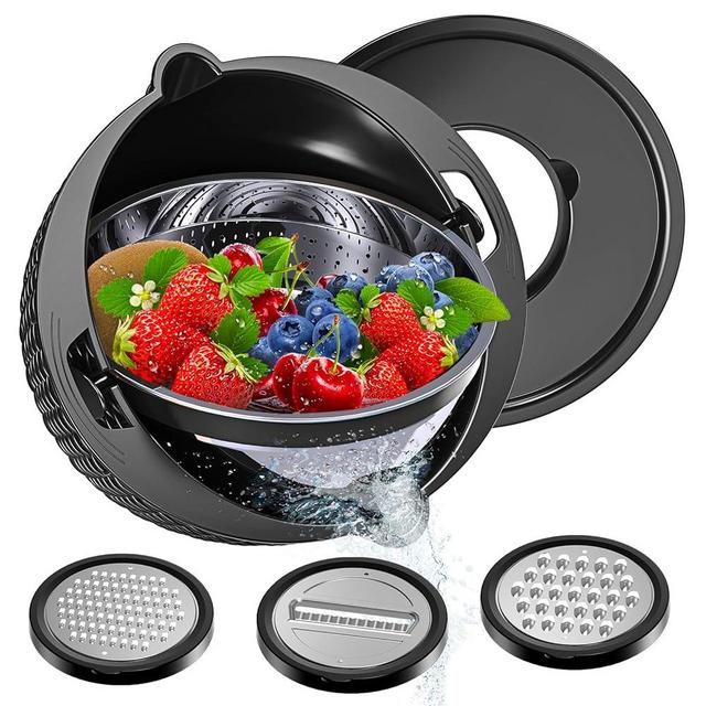 4-1 Colander with Mixing Bowl Set - Colander for Kitchen - Strainers and Colanders - Pasta Strainer - Bowl With Colander - Rice Strainer Fruit Cleaner Veggie Wash Kitchen Essentials, Black