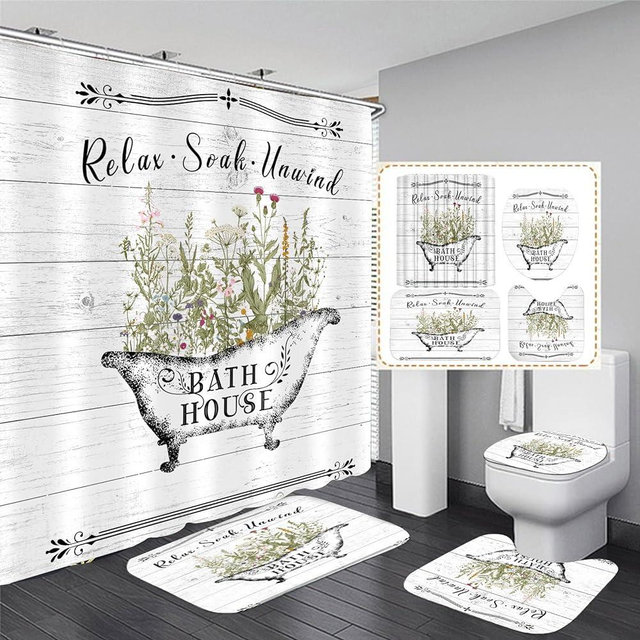 Nkzply 4 Pcs Floral Shower Curtain Set Flowers Bathroom Sets with Shower Curtain and Rugs Sage Green Shower Curtain Sets with Rugs Farmhouse Plant Shower Curtains for Bathroom Decor Accessories