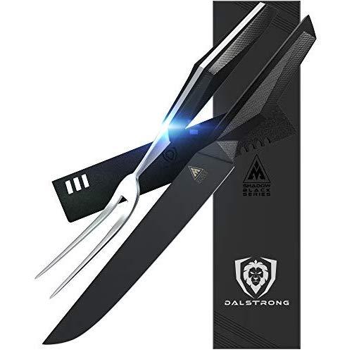 DALSTRONG Carving Knife & Fork Set - 9" Blade - Shadow Black Series - Black Titanium Nitride Coated German HC Steel - Sheath - NSF Certified