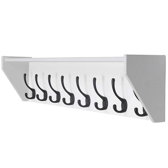 Dseap Wall Shelf with 8 Hooks, 35” Long Heavy Duty Coat Rack Wall Mount with Shelf, Shelf with Hooks Underneath for Entryway, Mudroom, Kitchen, Bathroom, White & Black