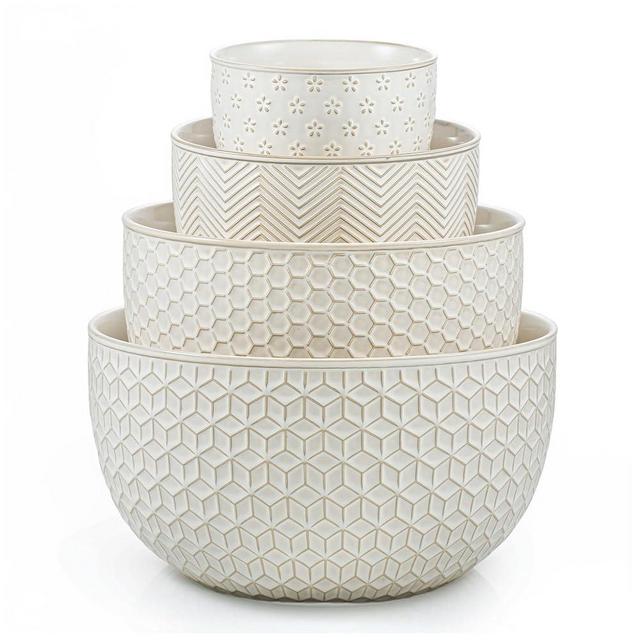 MIKIGEY Ceramic Mixing Bowls, Embossed Nesting Bowls Set of 4, Mixing Bowl Set for Serving, Baking, Cooking and Gift, Microwave and Dishwasher Safe, 20/47/99/148 oz, Off-White