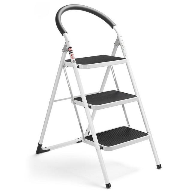 Delxo 3 Step Ladder Folding Step Stool Stepladders with Handgrip Anti-slip and Wide Pedal Sturdy Steel Ladder 330lbs White and Black Combo (3 feet)