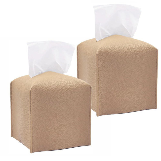 HOMOTEK 2 Pack Tissue Box Cover, Square PU Leather Tissue Holder, Decorative Facial Tissue Cube Paper Organizer Dispenser for Bathroom, Night Stands, Desk, Car 5X5X5'' - Litchi Grain, Beige