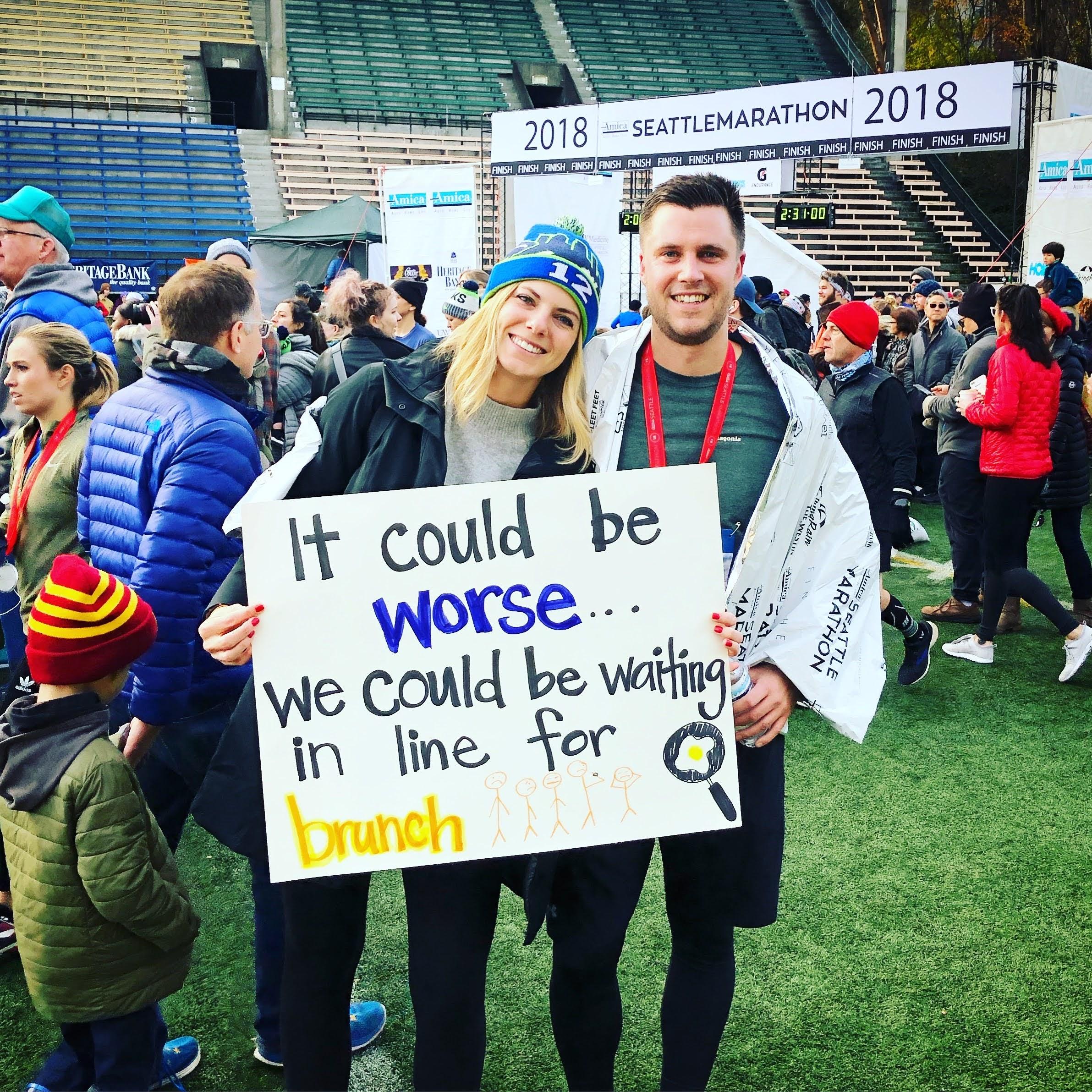 At the finish line of the 2018 Seattle Half Marathon.