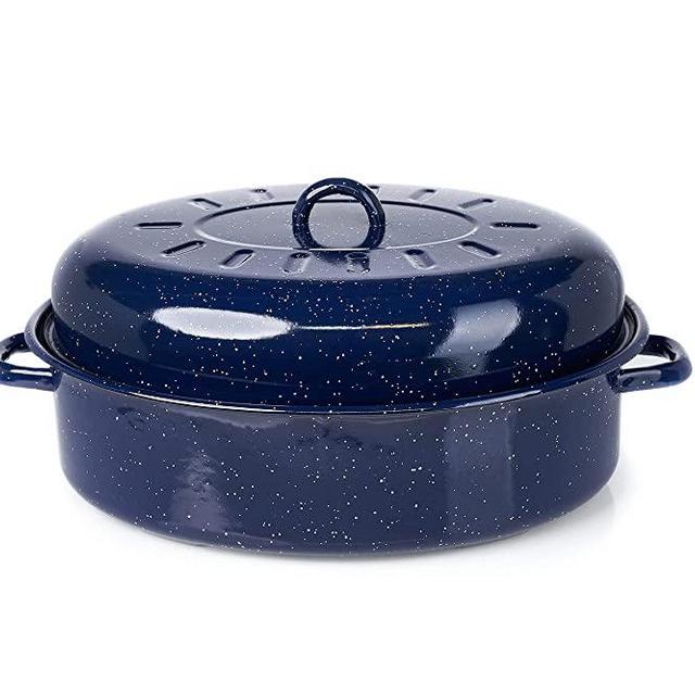18" Traditional Vintage Style Blue Speckled Enamel on Steel Covered Oval Roaster