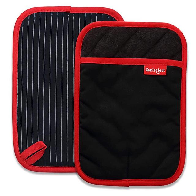 Coziselect Hot Pads, 500 F Heat Resistant Pot Holders for Kitchen, Heavy Duty Hot Pads with Pockets Non Slip, Pure Cotton and Terrycloth Lining Kitchen Hot Pads Black