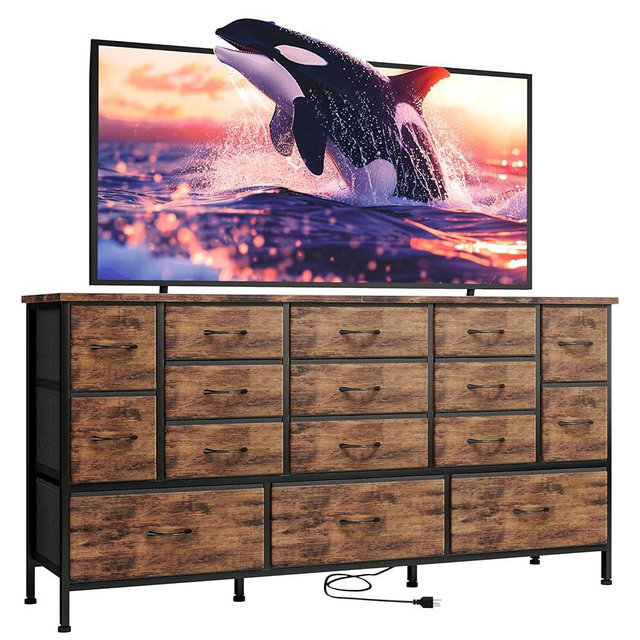 Fixwal 63.3 Inch TV Stand for Bedroom, 16 Large Drawer Dresser, Long TV Stand for 55, 65, 70 Inch TV with Power Outlets, Fabric Chest of Drawers for Bedroom, Living Room, Entryway, Rustic Brown