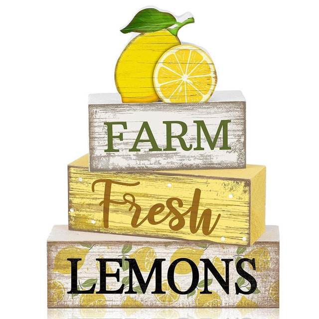 Moucuny 4 Pcs Summer Lemon Decor Wooden Lemon Tiered Tray Decor Farmhouse Rustic Lemons Table Decoration Lemons Book Block Summer Decoration for Home Office Kitchen Mantel Shelf