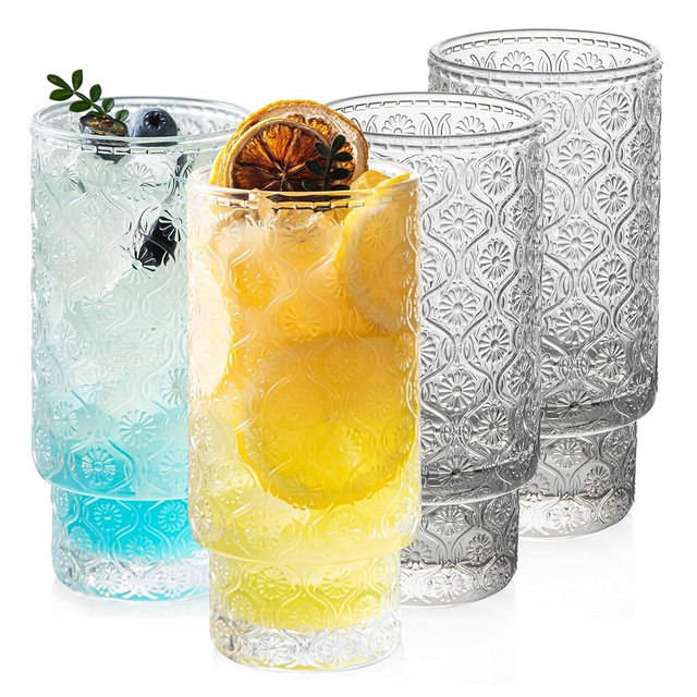 Drinking Glasses Set of 4, 16oz Textured Flower Design Cocktail Glasses, Stackable Old Fashioned Glass Cups, Vintage Glassware for a baby Shower Wedding for Kitchen and Bar - Dishwasher Clear