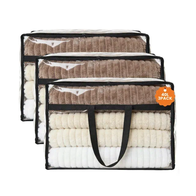 3-Pack PVC Clear Comforter Bags Black 40L, Waterproof Dustproof See-Through Storage Bags, Reinforced Handles Moving Clothes Quilt Organizer