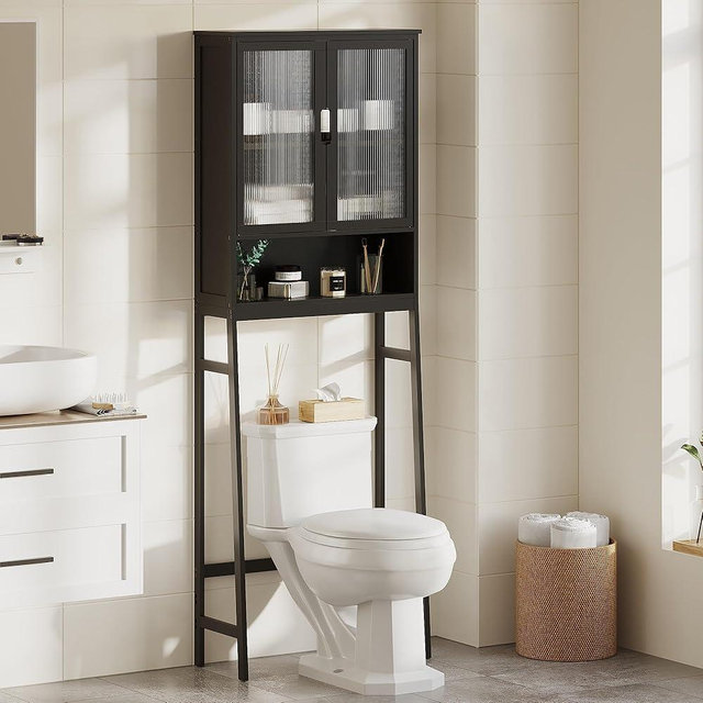 BAMBANG Over The Toilet Storage Cabinet, Bamboo Bathroom Over Toilet Storage Organizer with Adjustable Shelves and Double Doors, Above Toilet Storage Cabinet, Black