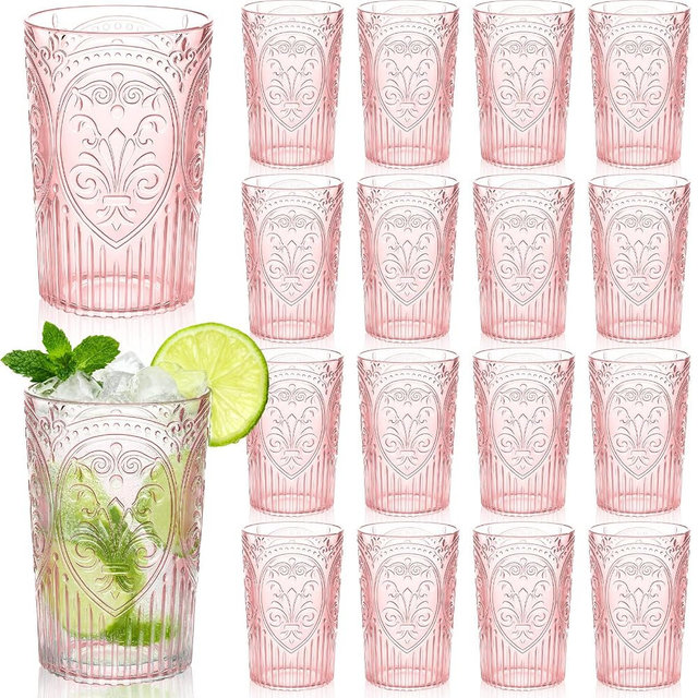 Acellegic Plastic Vintage Drinking Glasses - 16 oz Stemless Ribbed Highball Glasses Bulk Embossed Reusable Cups for Water Beer Cocktails Juice Wedding Bridal Shower Birthday Event Party(Pink,24 Pcs)