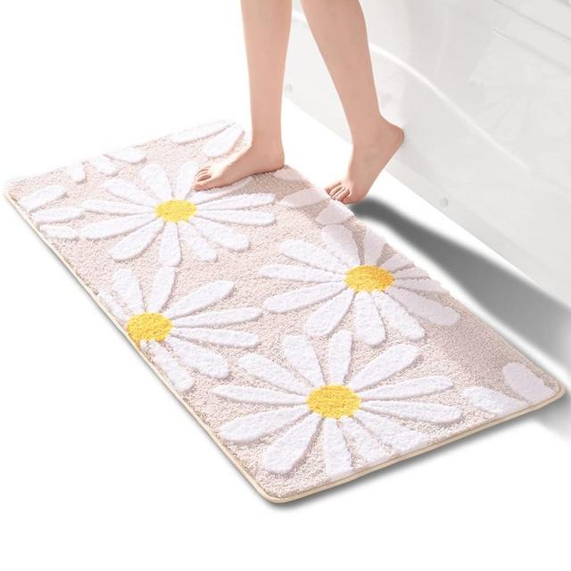 QJHOMO Beige Bathroom Rugs Cute Daisy Bath Mat White and Yellow Flower Decor Rug Non Slip Floor Carpet Microfiber Bathmat Super Absorbent Machine Washable Bathtub Mats for Shower (24x48 inch)