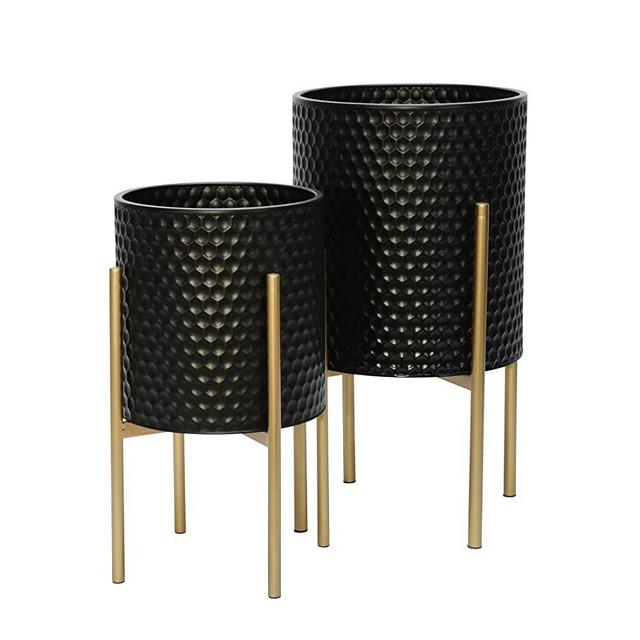 Sagebrook Home 12629-11 Honeycomb Planter On Metalstand, Black/Gld (Set of 2), 14''L x 14''W x 23''H, 2 Count
