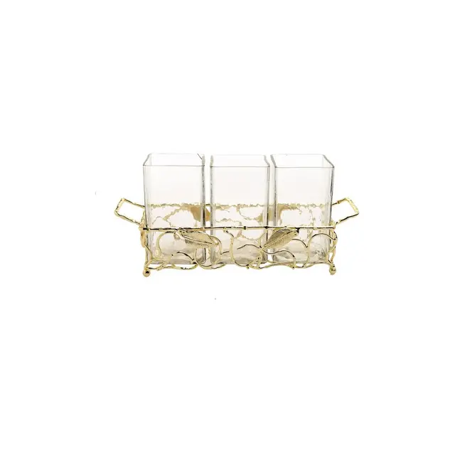 Classic Touch Gold Leaf Cutlery Holder with Hammered Glass Inserts