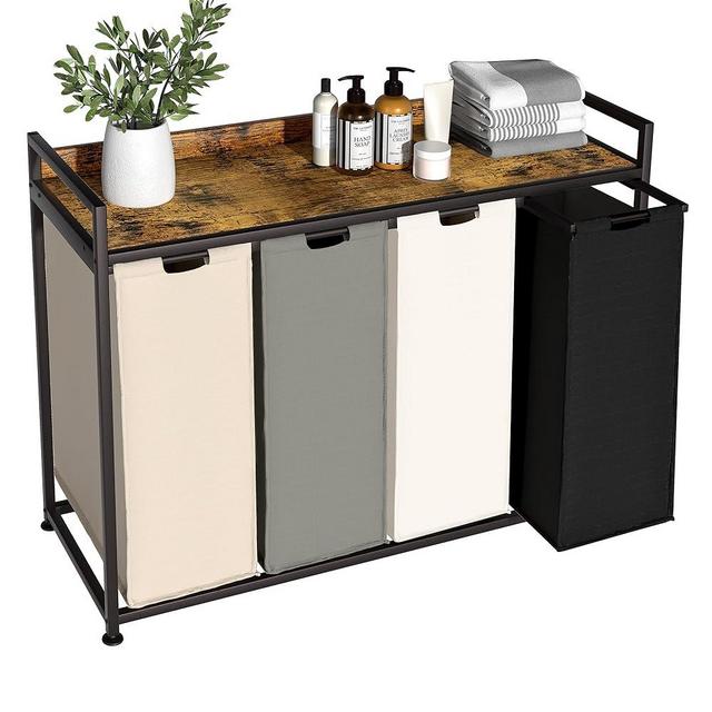Herture Laundry Hamper with Shelf, Laundry Basket 4 Section, Laundry Sorter with Pull-Out Removable Large 4 Color Bags and Movable Wheels, Metal Frame, 4 x 15.87 Gallons (60L), Rustic Brown PF07XLN