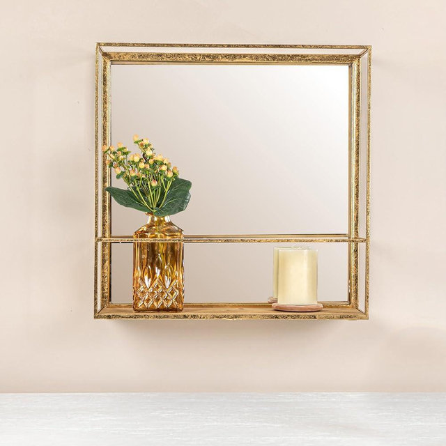 Creative Co-Op Metal Wall Mirror with Reclaimed Wood Base, Gold