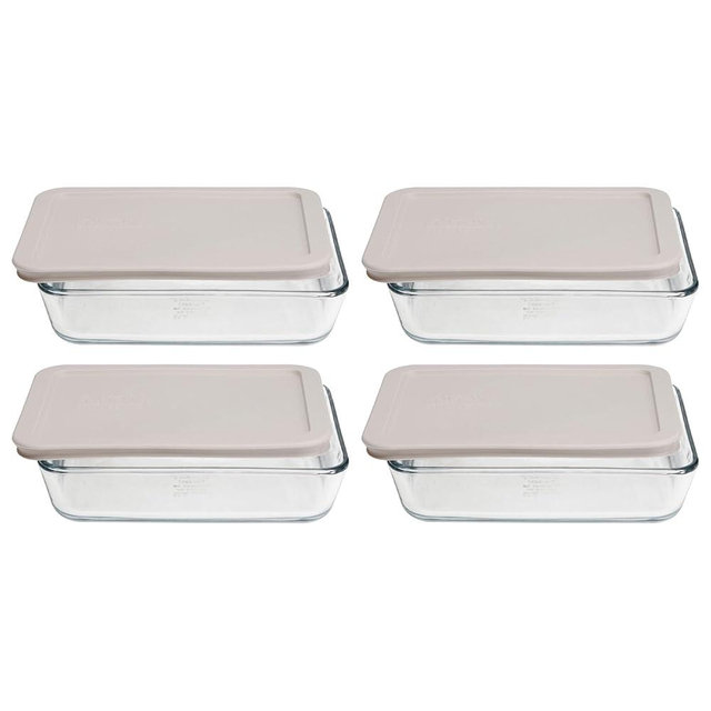 Pyrex 7210 3-Cup Glass Dish & 7210-PC Warm Stone Gray Food Storage Lid (4-Pack) - Made in USA