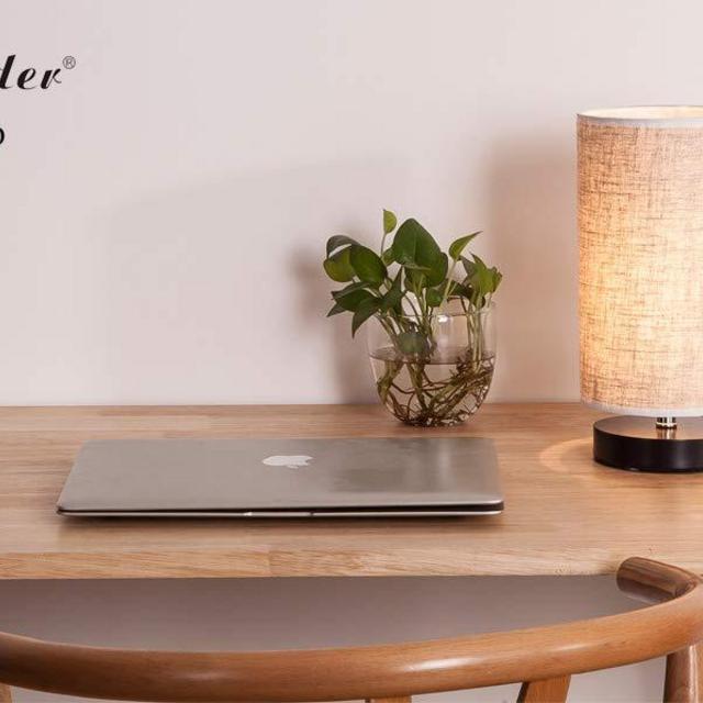 Lifeholder Table Lamp, Bedside Nightstand Lamp, Simple Desk Lamp, Fabric Wooden Table Lamp for Bedroom Living Room Office Study, Cylinder Black Base