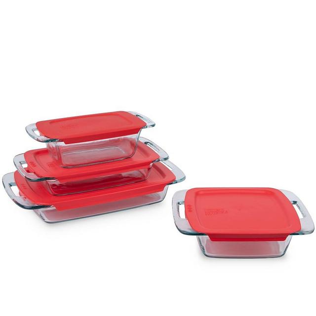 Pyrex Easy Grab 8-Piece Glass Baking Dishes With Lids, (1.5 QT, 2 QT, 3 QT, 8 INCH) Bakeware Sets, Freezer and Microwave Safe