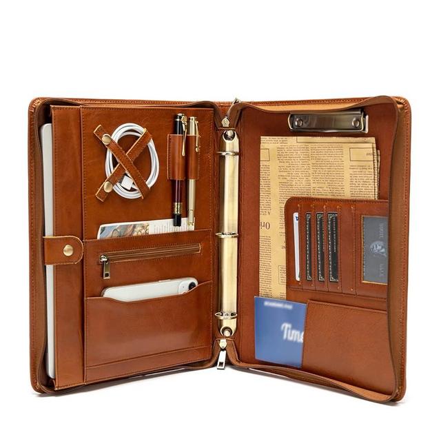 YIWEN Handmade Genuine Leather Portfolio, Zippered Padfolio with 3 Ring Binder, Professional Business Organizer, Resume Folder, Notebook Organizer with Tablet (Non-Custom, Oil Wax, Brown)