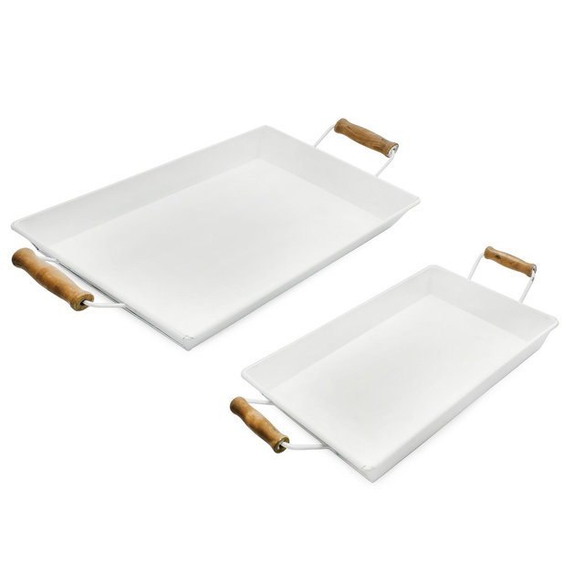 AuldHome Design Rustic White Enamelware Trays, Small & Medium 2pc Set; Farmhouse Decor Trays w/ Handles