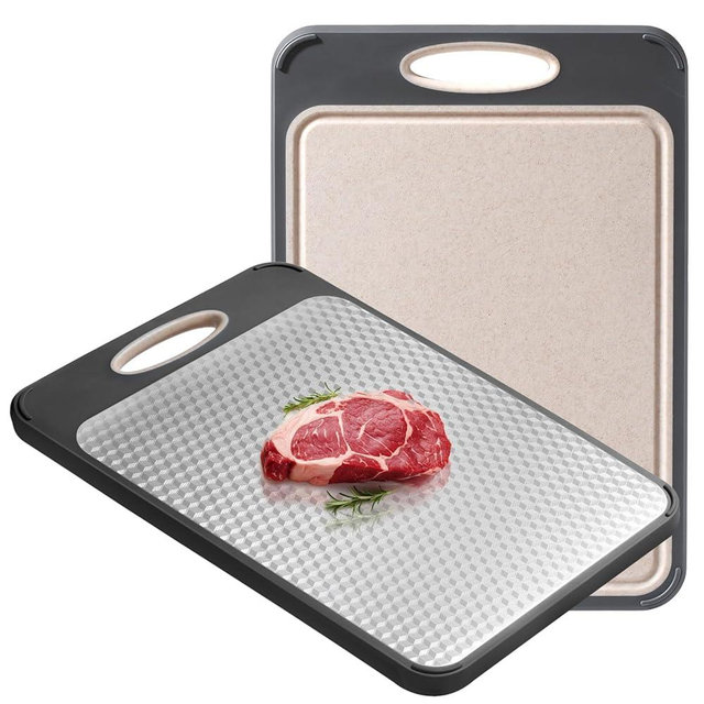 Stainless Steel Cutting Board Large 16" X 11", Scratch-Resistant Double Sided Cutting Board for Kitchen, Stainless Steel/Wheat Straw PP Non Toxic Chopping Board for Meat/Vegetables,Dishwasher Safe
