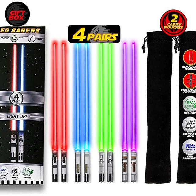 LIGHTSABER CHOPSTICKS LIGHT UP STAR WARS LED Glowing Light Saber Chop Sticks REUSABLE Sushi Lightup Sabers Removable Handle Dishwasher Safe Red Green Blue Purple - 4 Pairs