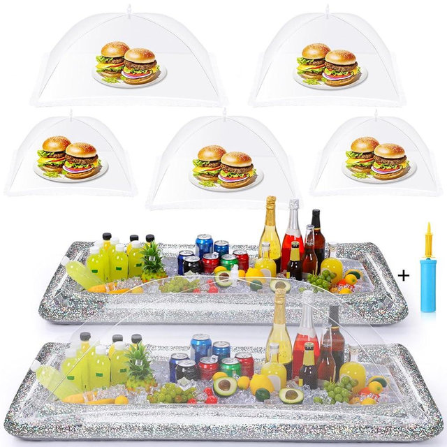 Tiangrid 8 Pcs Glitter Inflatable Serving Bar Kit Includes 2 Salad Buffet Tray with Drain Plug 5 Mesh Food Cover 1 Inflator Inflatable Food Drink Containers for Outdoors Pool Party Camping(Silver)
