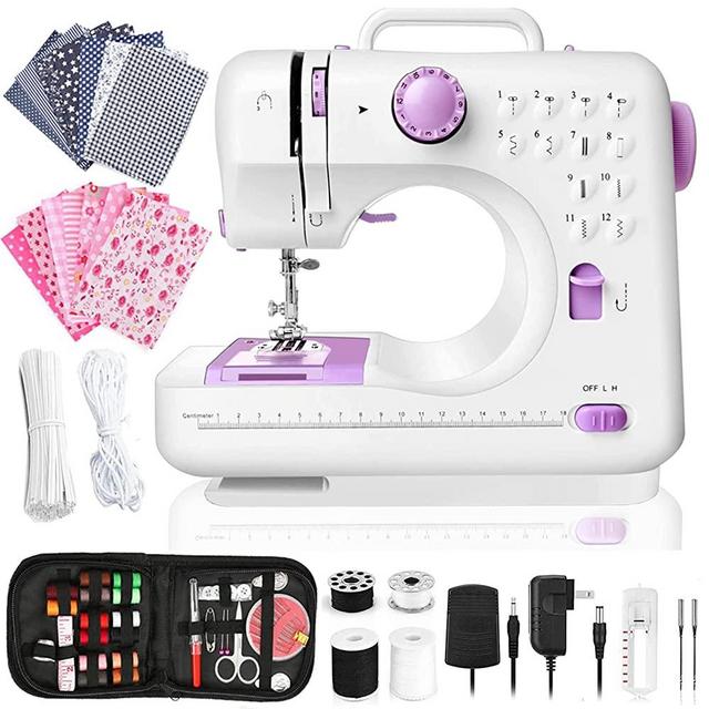 Dechow Sewing Machine for Beginners, Electric Portable, 12 Built-in Stitches with Reverse Sewing, 2 Speeds Double Thread with Foot Pedal, 14 Pcs Floral Cotton Fabric, 20 Pcs Nose Bridge Metal Wire, 21 Yards Elastic Rope, 27 Pcs DIY Sewing Kit Set (Purple)
