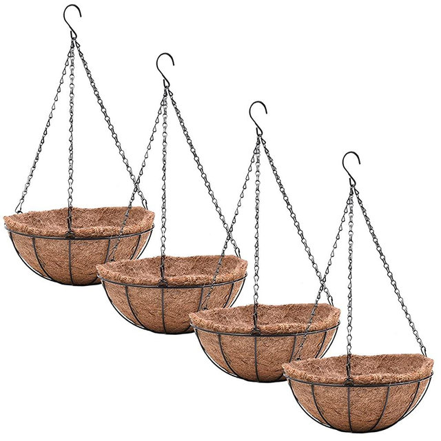 EIMQUVW 4 Pack Hanging Planter Basket with Coco Coin Liner 8 inch Hanging Flower Pots Outdoor Decorative Round Wire Plant Holder with Chain Metal Hanging Baskets for Plants Outdoor1