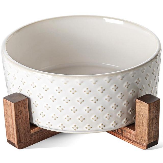 LE TAUCI Ceramic Dog Bowls for Large Dogs - 7" Elevated Water Bowl with Acacia Wood Stand, Single Pet Bowl Set for Food & Water, Clover