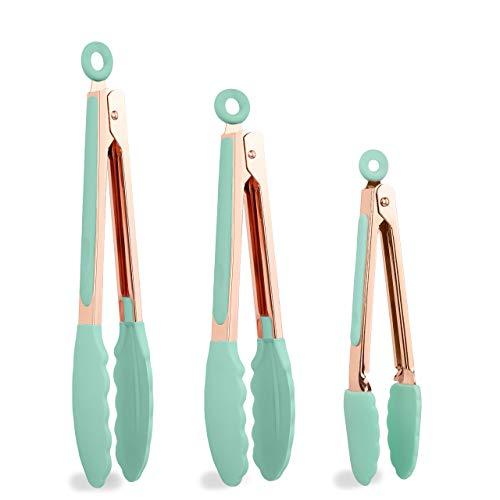 Cook With Color Stainless Steel Locking Food Tongs for Cooking and Grilling, Premium Silicone Tipped Tongs for Non Stick Cookware, 6”, 9” and 12” Set of Three, Rose Gold and Mint Sturdy Tongs