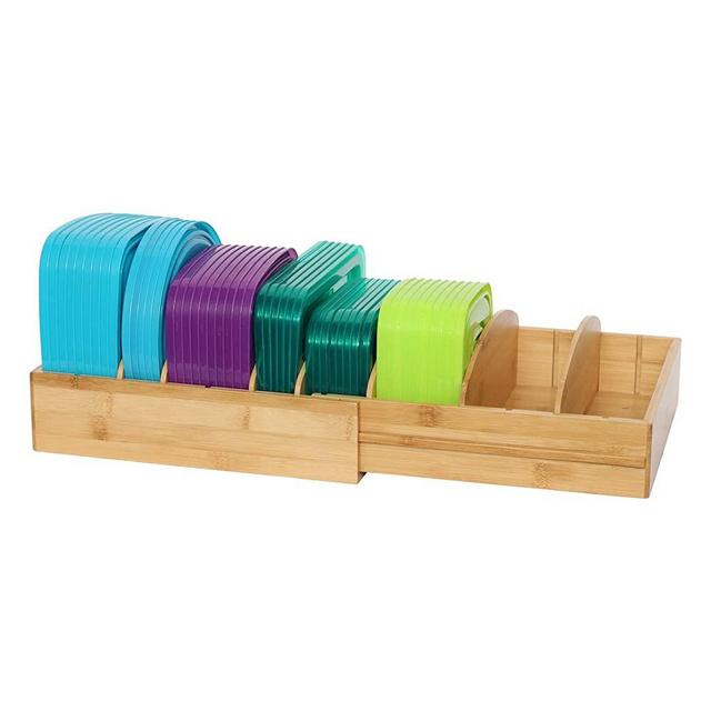 X-cosrack Expandable Bamboo Food Lid Rack with 8 Detachable Dividers, Food Container Covers Organizer for Drawers Cabinets Cupboards Pantry Shelves, Two Racks Part Can be Used Together or Separately