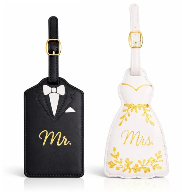Luggage Tags for Couples, Bride & Groom Wedding Dress and Tuxedo Suitcase Tags, Luggage Tag for Honeymoon Travel, Bridal Showers, Weddings, Travel Accessories for Couples (Glitter Mr Mrs)