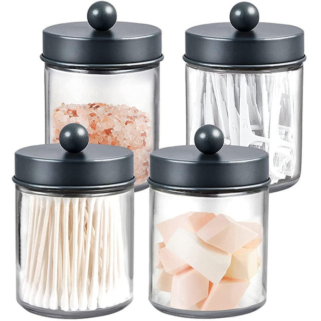 4 Pack Apothecary Jars Bathroom Vanity Storage Organizer Set -Countertop Canister with Stainless Steel Lids &Cute Stickers - Qtip Dispenser Holder for Qtips,Cotton Swabs,Makeup Sponges (Grey)