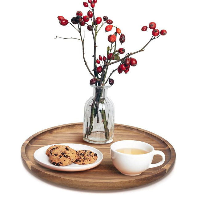 Renawe 12 Inch Round Acacia Wood Serving Tray Food Charcuterie Board Decorative Tray for Kitchen Counter Bathroom Trays Home Decor Large Wooden Platter Circle Tray Coffee Table Tray
