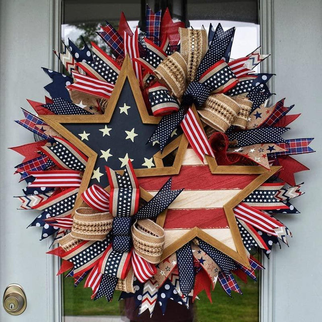 4th of July Wreath for Front Door - Patriotic Red White Blue Decor with Burlap Bow, Memorial Day Summer Wreath, All-Weather Farmhouse Outdoor Holiday Decoration (B)