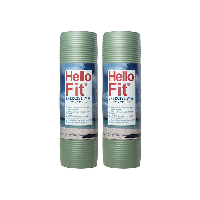 Hello Fit 1/2 Inch Thick Exercise Yoga Mats with Carrying Strap, 72 by 24 Inches, Pack of 2, Bulk Fitness Mat for Yoga, Pilates, or Workout, Non-Slip Rubber Gym Mats