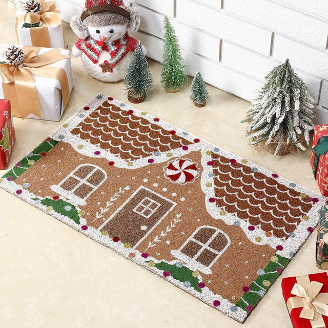 Tinideya Christmas Gingerbread House Doormat 23.6 x 13.7 Inch Cute Brown Christmas Welcome Artificial Coir Door Mat Gingerbread Non Slip Entrance Rugs for Indoor Outdoor Bathroom Kitchen Decor