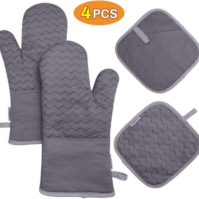 VOIMAKAS 1 Pair Cotton Oven Mitts and Pot Holders, Extra Long Heat Resistance Kitchen Gloves with Terrycloth Lining Silicone Non Slip Baking Gloves Grey