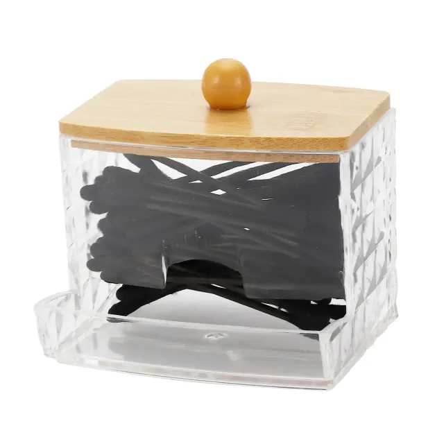 Unique Bargains Diamond Pattern Square Ball Cover Acrylic Cotton Swab Jar Clear Wood Color 1 Pc