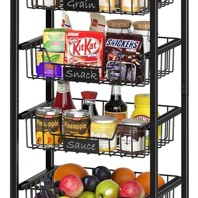 XYZLVSI Kitchen Storage Cart with Wheels, 5-Tier Metal Utility Rolling Cart Fruit Vegetable Storage Basket Pantry Rack with Wood Top & Pull Out Baskets for Kitchen, Livingroom, Diningroom, Office